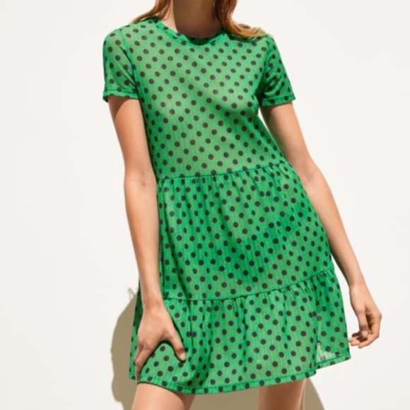Zara Green Black Polka Dot Sheer Dress MEDIUM NWT